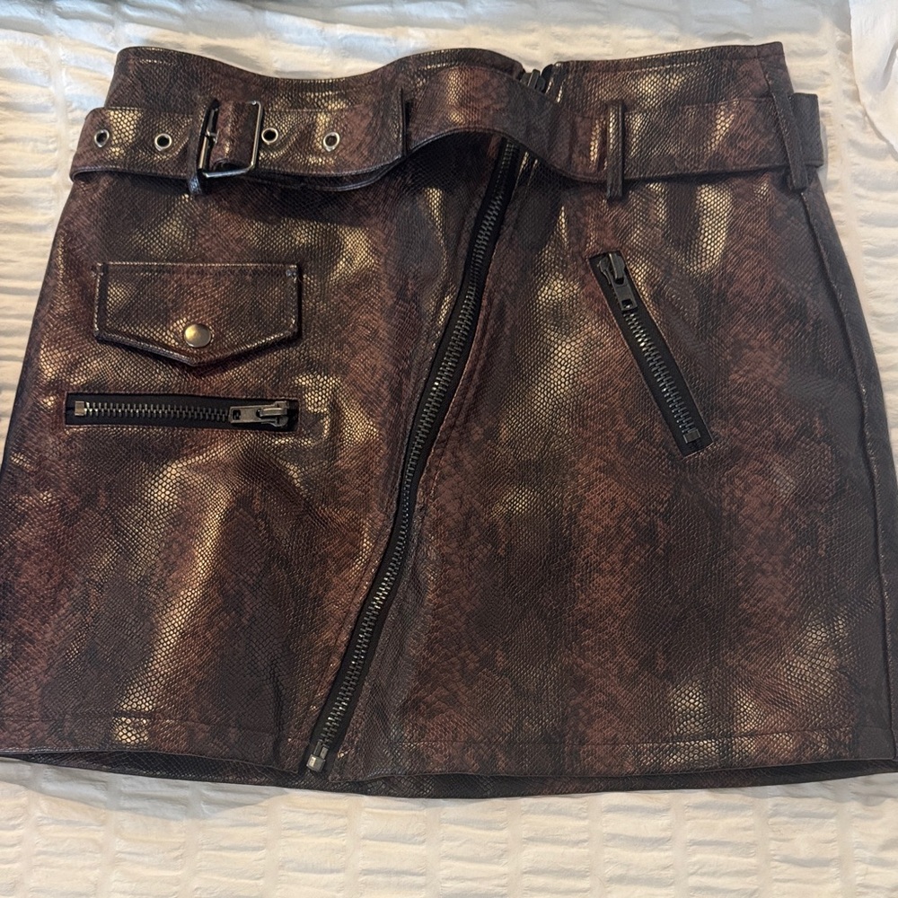 Faux Leather Brown Metallic Mini Skirt with Belt